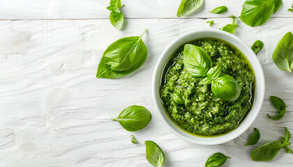 Pesto in bowl on white wooden table