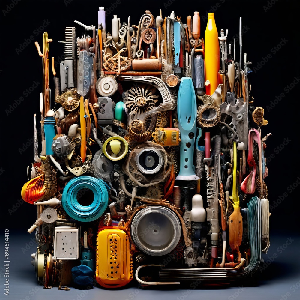 Poster a mixed media sculpture of everyday objects arranged in a unexp