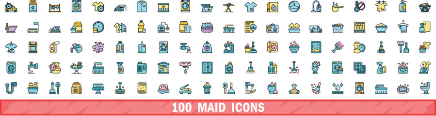 100 maid icons set. Color line set of maid vector icons thin line color flat on white