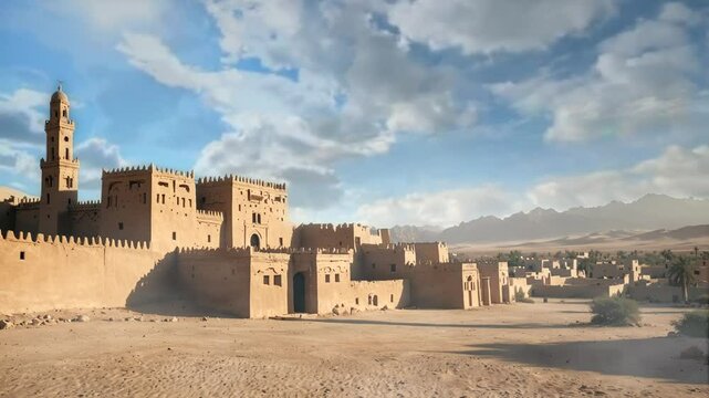 animation of a mosque building in the desert