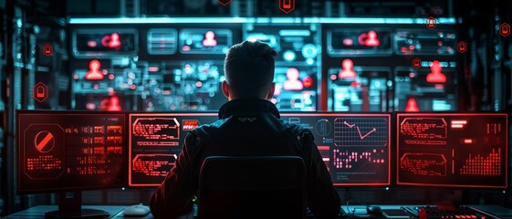 Network intrusion, hacker breaching security, dark room with glowing screens, intense focus, red warning icons, digital codes cascading, high-tech environment