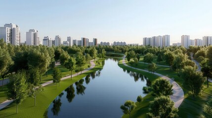 Obraz premium Urban park management with high-tech infrastructure, Futuristic green space Planning. Eco-friendly project for next Gen 