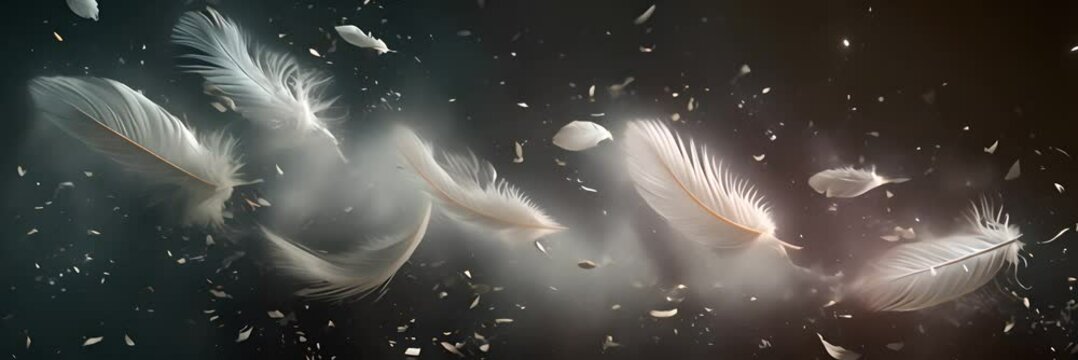 Abstract Group of White Bird Feathers Floating in The Dark. Feathers on Black Background.