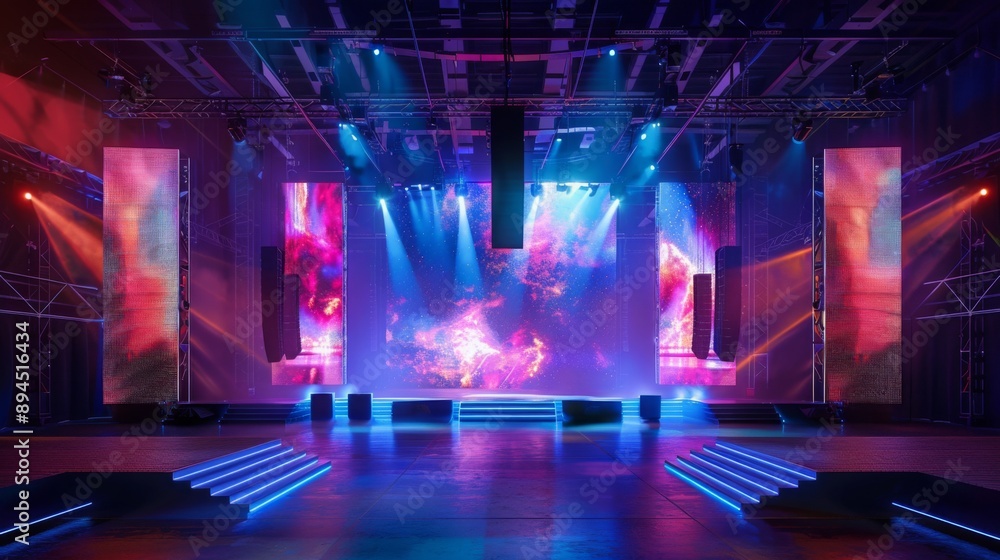 Leinwandbilder an empty concert stage is set up with large screens and spotlights. the screens display a colorful, 