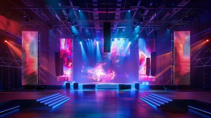 An empty concert stage is set up with large screens and spotlights. The screens display a colorful, abstract design. Blue lights illuminate the stage from the ceiling.