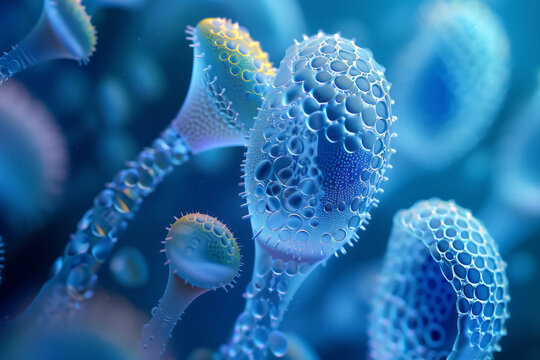 Microorganisms, cells or other biological organisms close up under a microscope in blue colors with space for text or inscriptions
