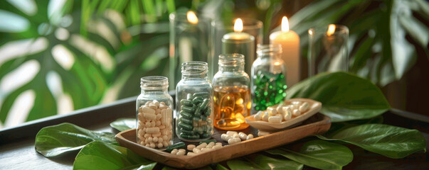 A vibrant display of different health and beauty supplements in glass jars, placed on a wooden tray with green leaves and candles. The natural elements emphasize the organic and beneficial nature of