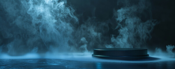 A steel blue podium with an empty pedestal, placed on a dark, smoky stage. The cool tones of the metal contrast with the dark background, while the smoke adds a sense of mystery and depth.