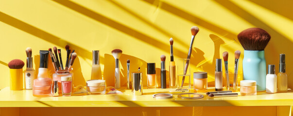 A yellow table with a neatly organized collection of makeup products and brushes. The bright color of the table adds a cheerful and energetic vibe to the beauty setup.