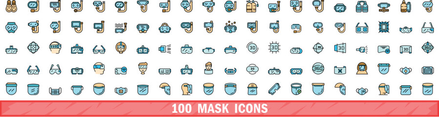 100 mask icons set. Color line set of mask vector icons thin line color flat on white