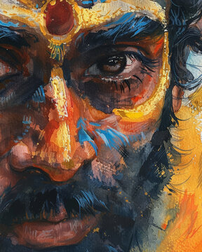 Watercolor close-up painting of Lord Ayyappa, with vibrant blacks, golds, and blues, showcasing his determined and serene face.