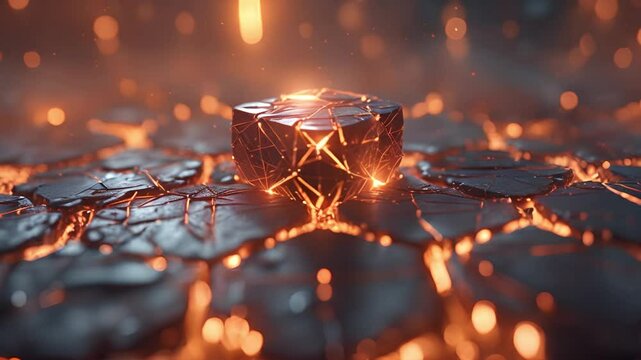 Geometric crystal structure on reflective surface with warm ambient lighting.