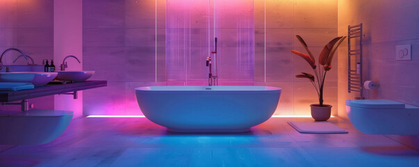 The magical atmosphere of a modern bathroom decorated with LED strips, casting a soft, colorful glow on the sleek fixtures and minimalist decor, creating a serene and luxurious space.