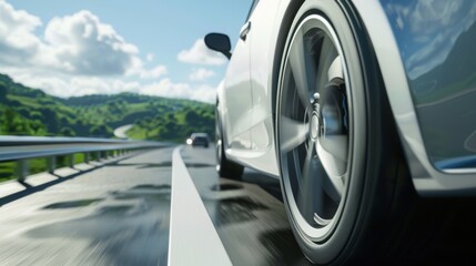 Close-up of a modern car driving on a highway with motion blur, speed and dynamic travel against a scenic background.