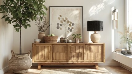 Northern European styled living room with wooden cabinet, black lamp, rattan basket, plants, and chic decor. Decor template with poster paintings.