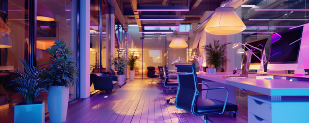 The innovative design of a modern office with LED lighting, featuring open-plan desks, ergonomic furniture, and stylish decor, promoting creativity and collaboration.