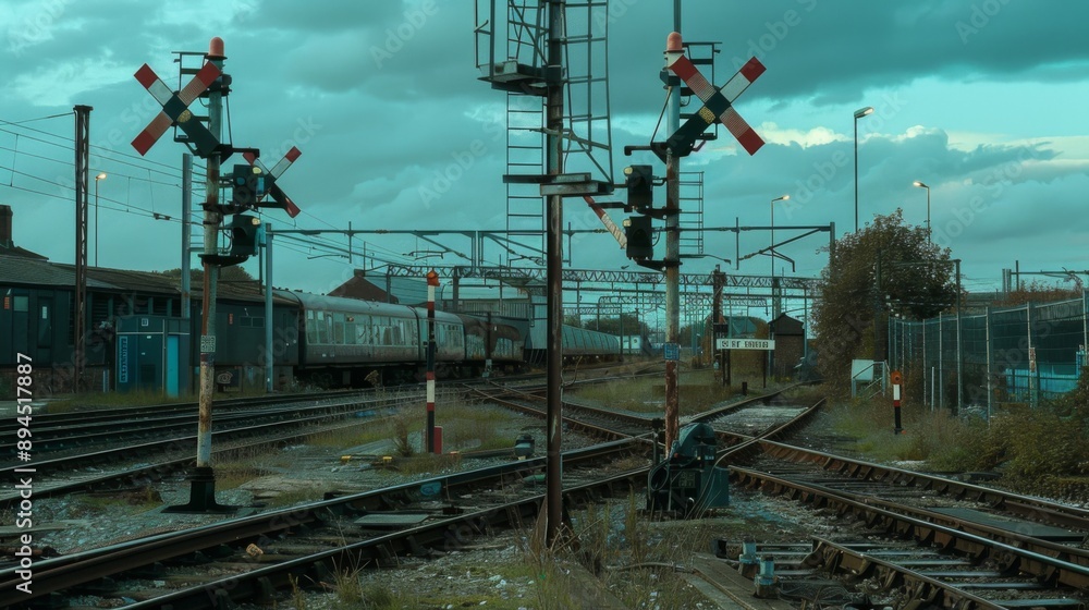 Aufkleber A railway signal pole with semaphore arms in different positions indicating track usage.