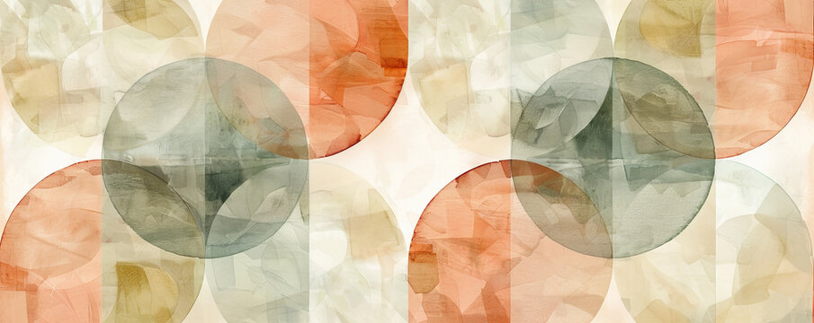 Abstract minimalist geometric watercolor pattern art in muted Pantone tones, with interlocking circles and squares in subtle shades of muted coral, sage, and light taupe.