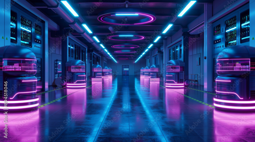 Poster neon-lit data center showcasing rows of high-tech servers and advanced computing infrastructure in a