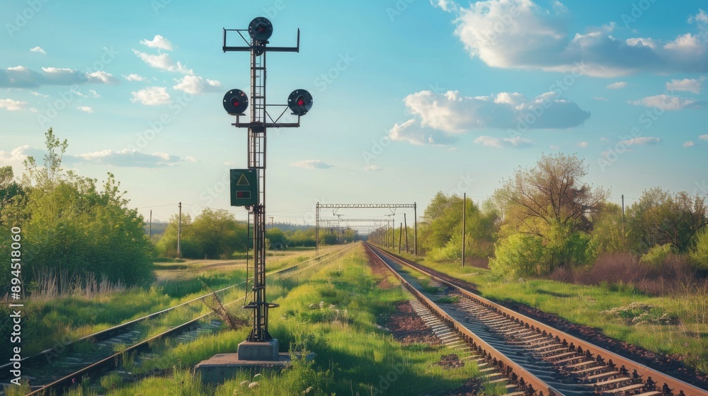 Fototapete a railway signal pole with semaphore arms in different positions indicating track usage.