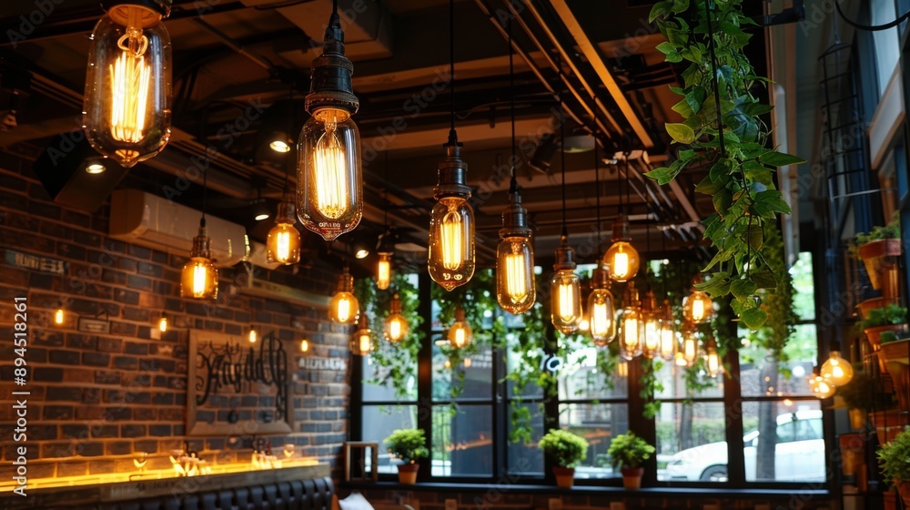 Poster a row of vintage edison bulbs hanging from the ceiling, creating a cozy and nostalgic atmosphere.