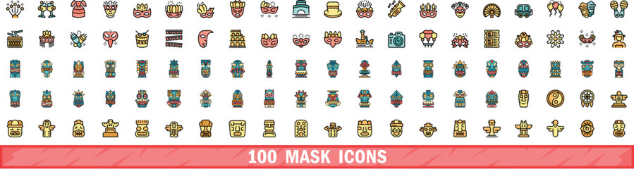 100 mask icons set. Color line set of mask vector icons thin line color flat on white