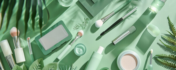 A green table covered with makeup products and brushes, creating a fresh and inviting scene. The natural color of the table complements the beauty items, emphasizing a clean and vibrant look.