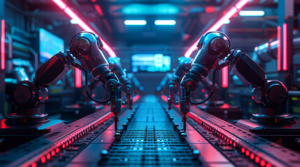 Fototapeta premium Industrial robotic arms in action on a conveyor belt, depicting modern automation and precision in manufacturing processes.