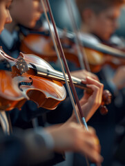 Musicians playing violin in orchestra close up vertical
