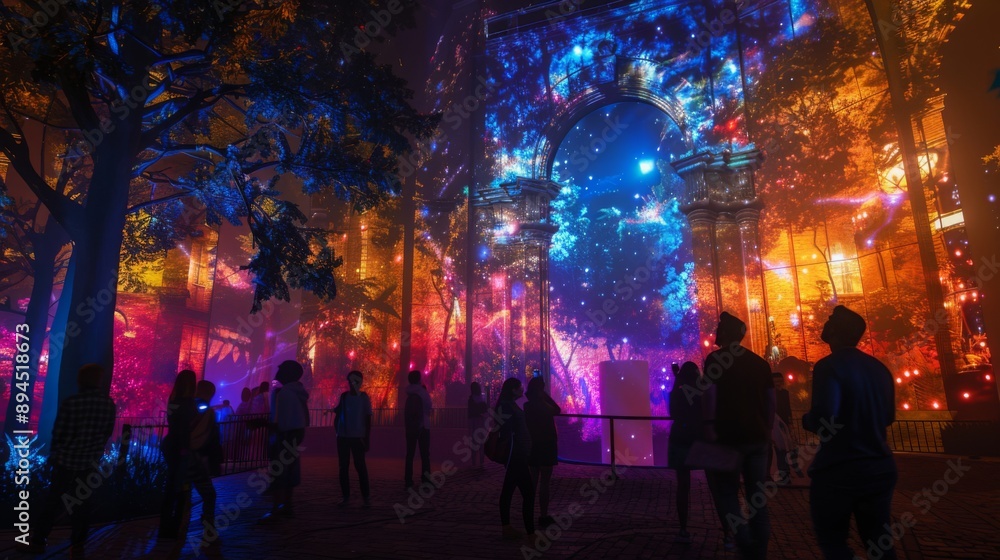 Poster people stand and watch a colorful light projection show on a large archway in a park, at night. the 