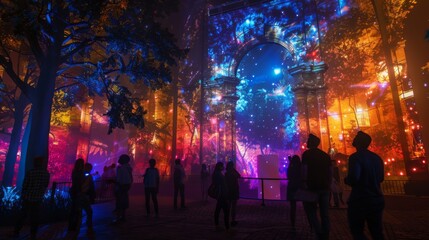 Obraz premium People stand and watch a colorful light projection show on a large archway in a park, at night. The archway is illuminated with vibrant colors, creating a magical atmosphere.