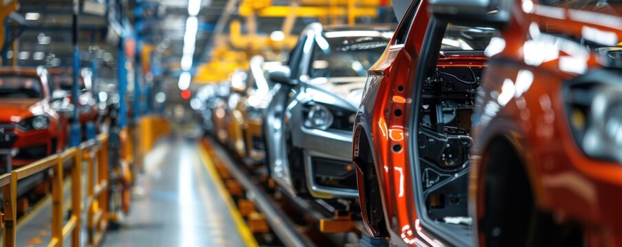 Modern automotive assembly line in a factory with cars being manufactured under bright lights. Industrial production process.