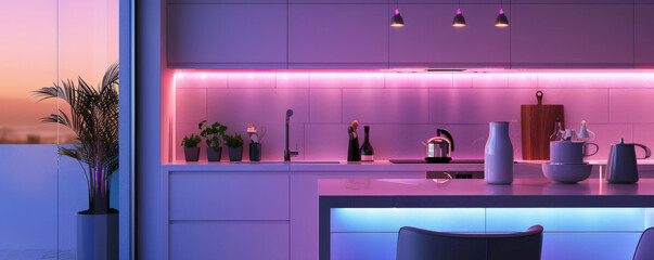 The stylish ambiance of a modern kitchen decorated with LED strips, featuring a warm, colorful glow around the countertops, cabinets, and sleek decor, creating a chic atmosphere.