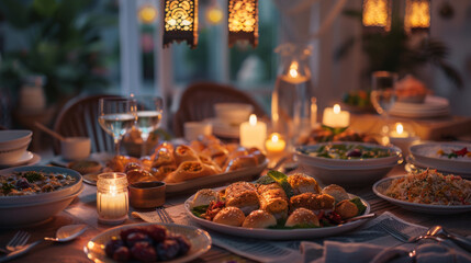Naklejka premium A warmly lit dinner table with various dishes and candlelight, creating a cozy and inviting atmosphere for a meal.