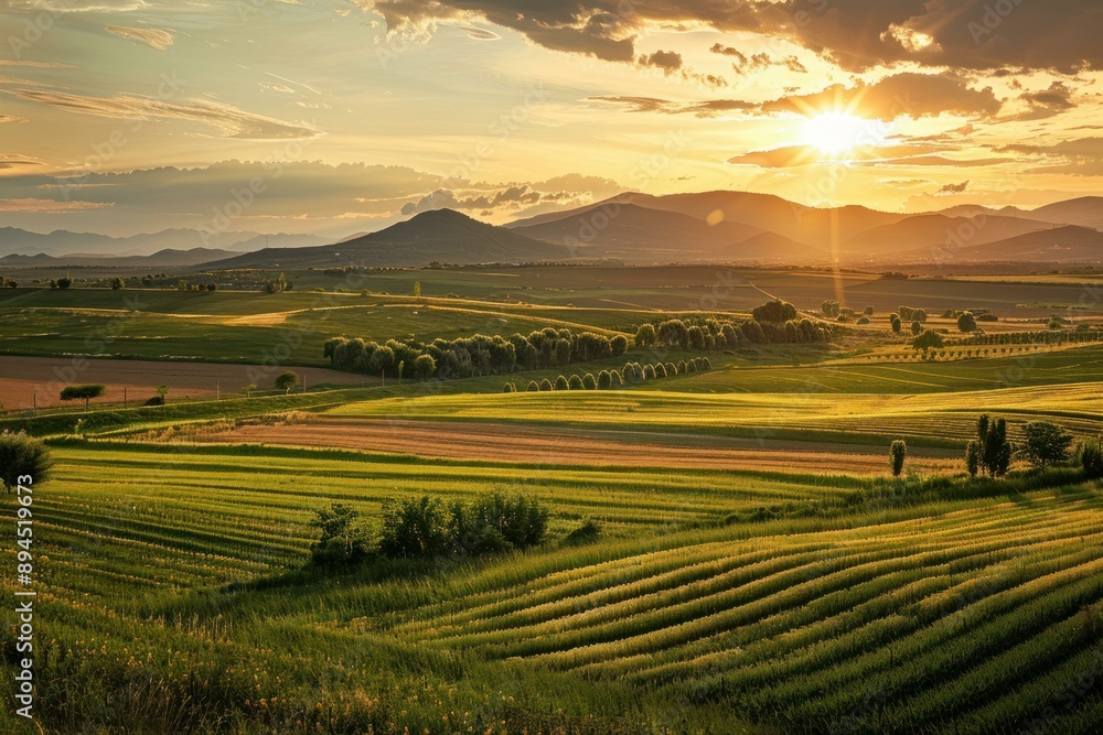 Poster Tranquil and picturesque sunset over lush farmland with rolling hills, vibrant greenery, and golden sunlight