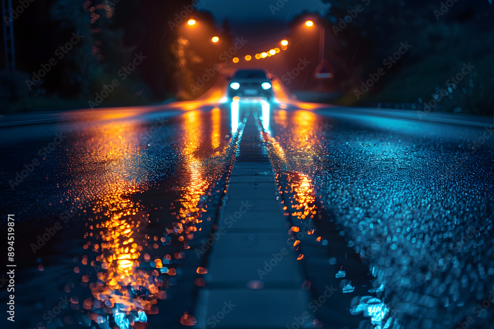 Poster Car Driving Down Wet Road at Night