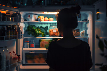 silhouette of a woman with an open refrigerator at night. Night snacking theme with space for text or inscriptions
