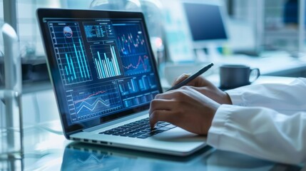 A scientist analyzing experimental data on a laptop, with graphs and charts displayed on the screen.