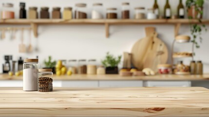 Kitchen background food product stand next to wooden display stand table