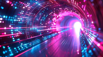 Abstract neon lights into a digital technology tunnel background