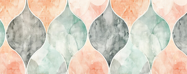 A modern watercolor pattern with a minimalist geometric design, featuring muted Pantone tones like soft gray, pastel peach, and light teal, creating a calm and balanced artwork.