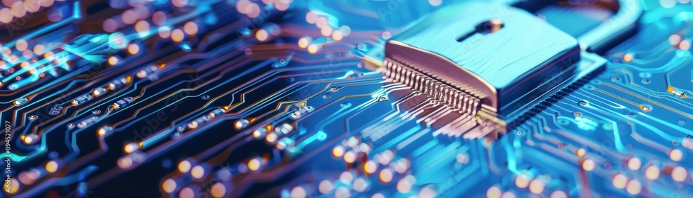 Poster close-up of a microchip on a blue circuit board, showcasing intricate electronic components and path