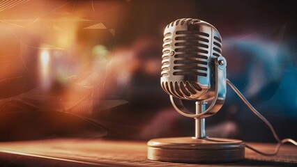 3d render of a closeup of an old-fashioned broadcasting microphone with digital background, 3d illustration template
