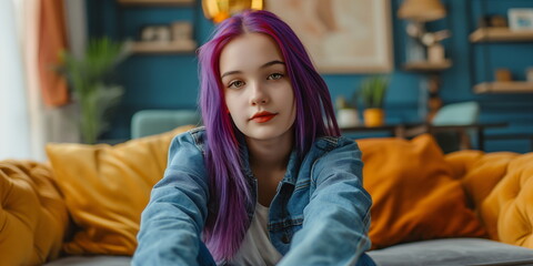 A young woman with purple hair sitting on a cozy couch