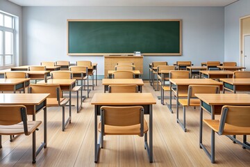 Empty classroom with rows of wooden desks and chairs facing a blank blackboard, providing a clean and simple background for educational concepts and designs.