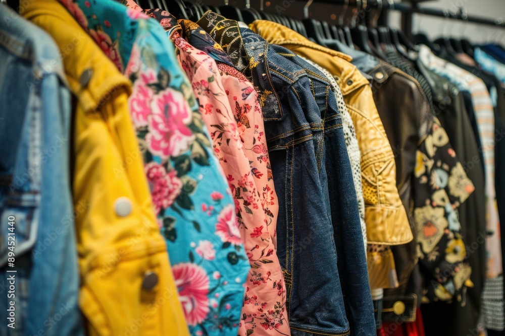 Poster variety of jackets and coats in different colors and patterns displayed on a store rack