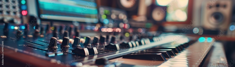 Poster close-up of a professional music studio setup with a keyboard, sound mixer, and monitors displaying 