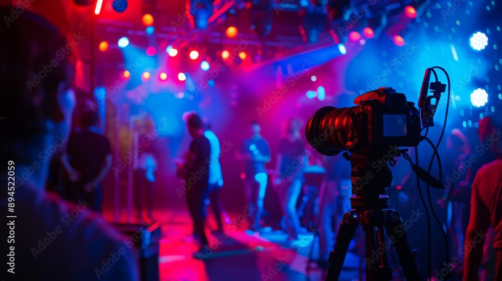 Poster a camera on a tripod films a performance at a nightclub, capturing the performers and the crowd unde