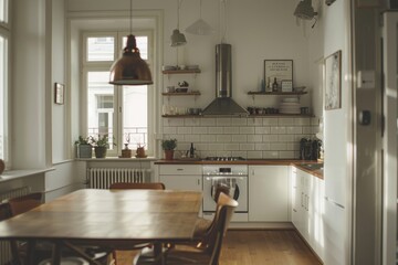 Kitchen interior with wooden table and chairs in modern country house.