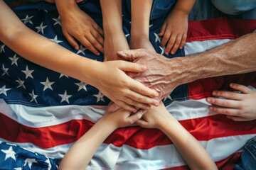 Hands of children and adults reach out to each other on a background with the flag of the United States of America. Top view.